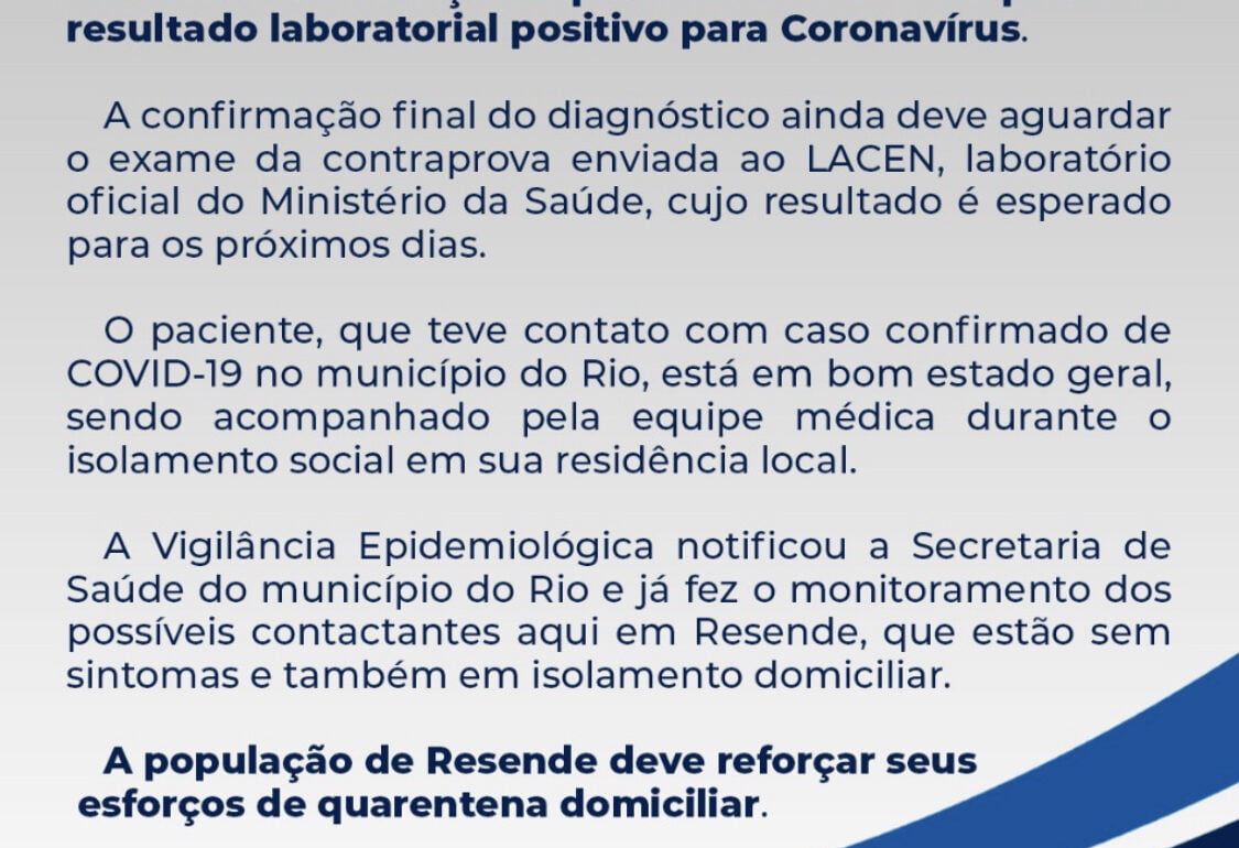 Resende tem o primeiro caso de coronavírus confirmado