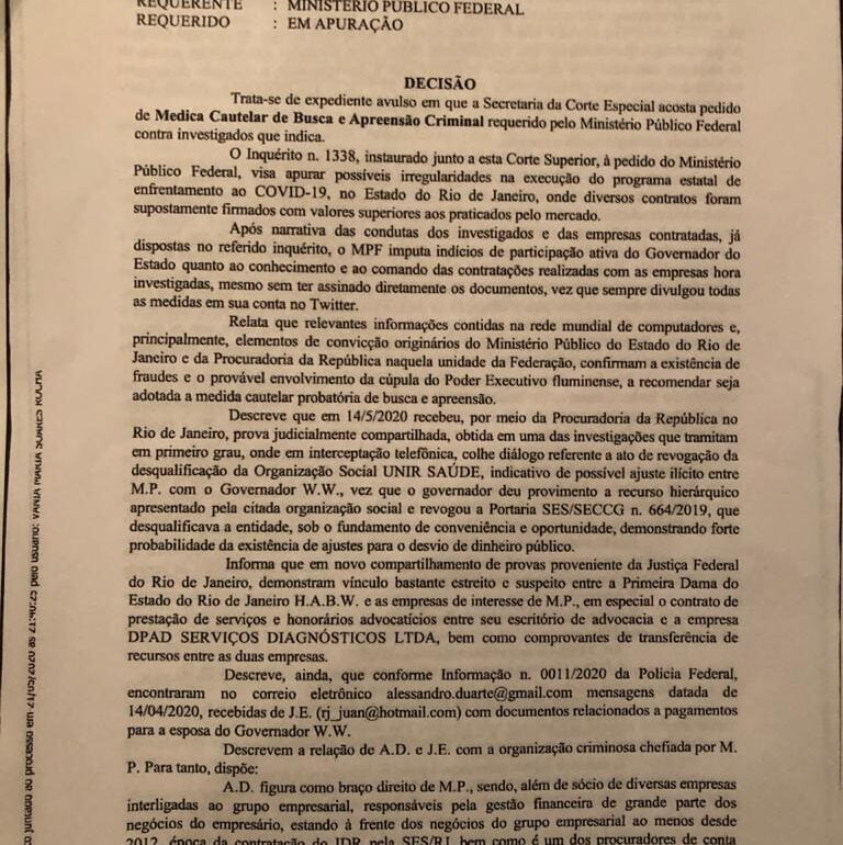Leia parte da decisão do ministro do STJ que autorizou a operação da PF contra Witzel