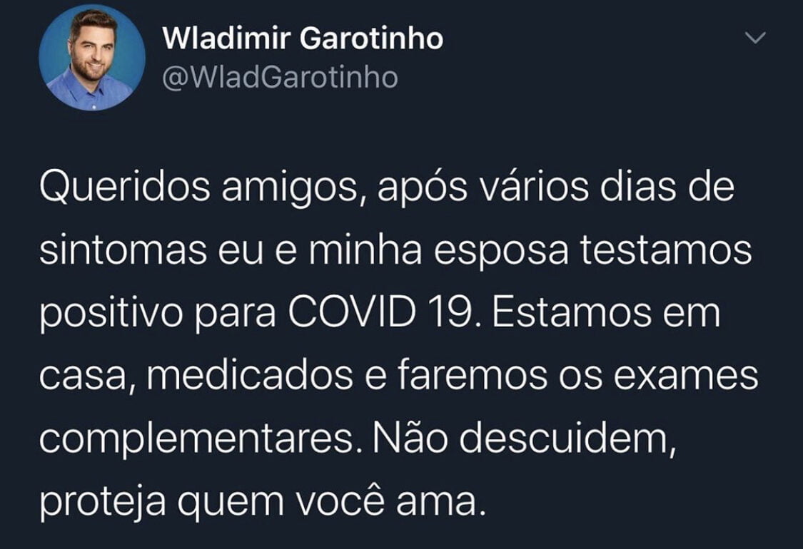 Wladimir Garotinho anuncia ter contraído a Covi-19