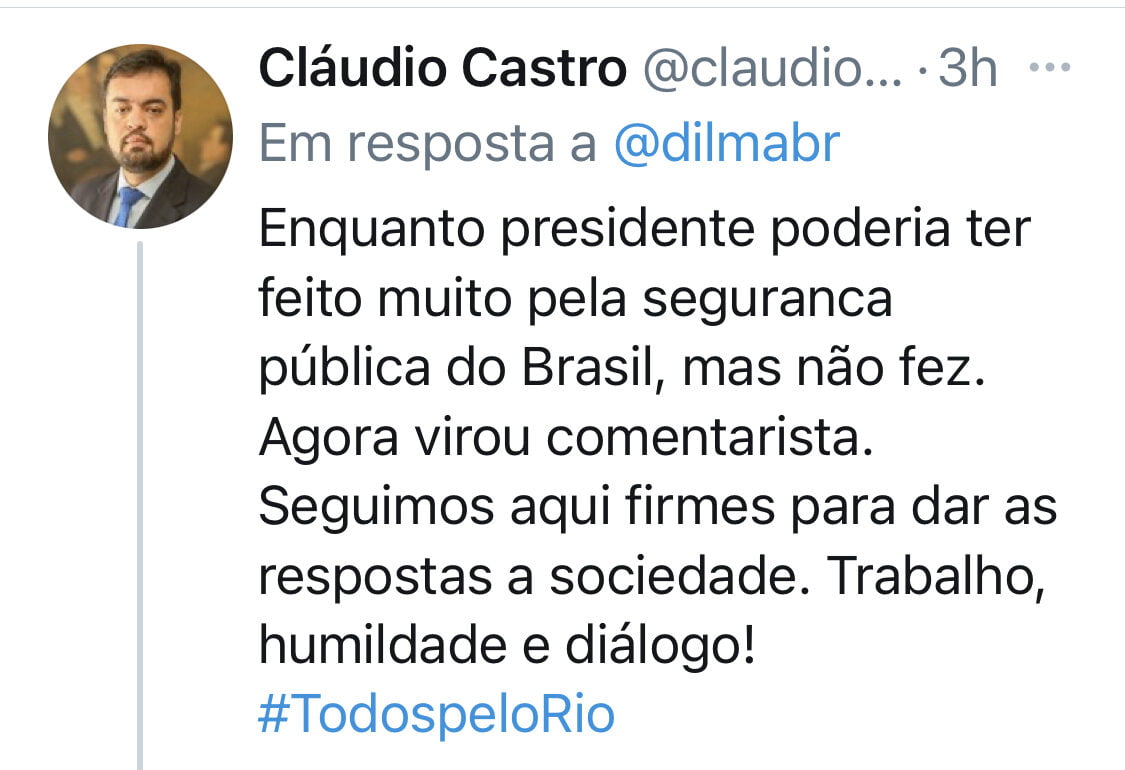 Cláudio Castro troca farpas com Dilma Roussef no twitter e promete resposta às mortes de Emily e Rebecca