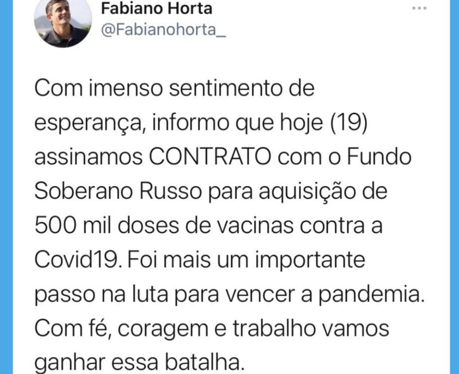 Maricá assina contrato com Fundo Soberano Russo para compra de 500 mil doses de vacina