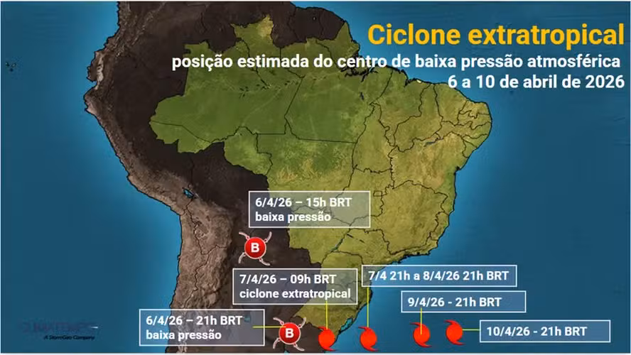 Ciclone extratropical trará chuva intensa ao Sul, Sudeste e Centro-Oeste nesta semana